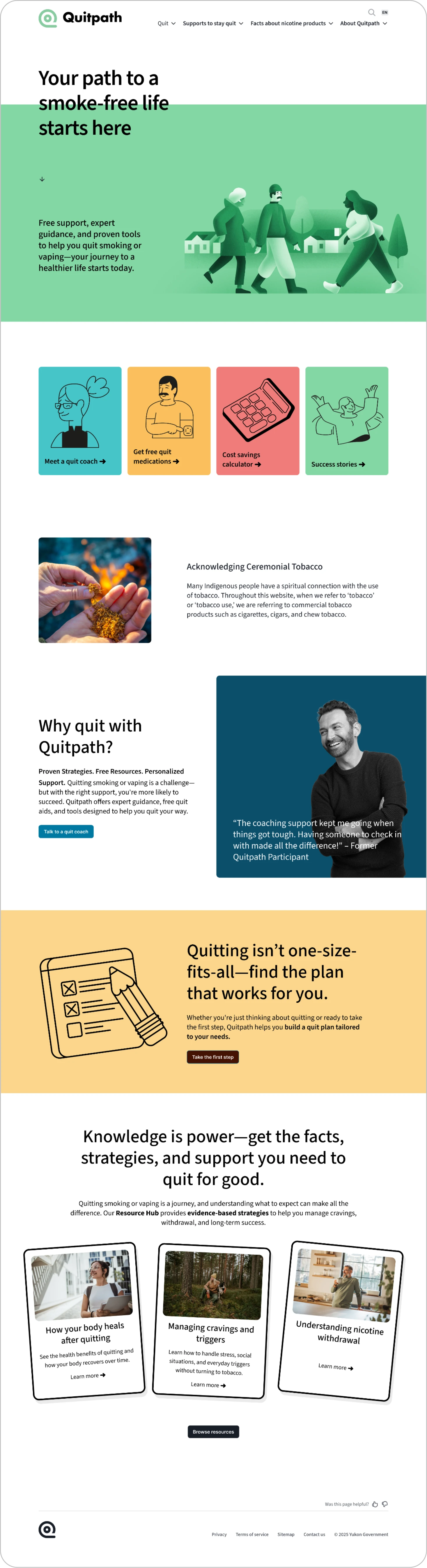 Full homepage layout of the Quitpath website showing navigation, key support options, and educational resources for quitting smoking or vaping.