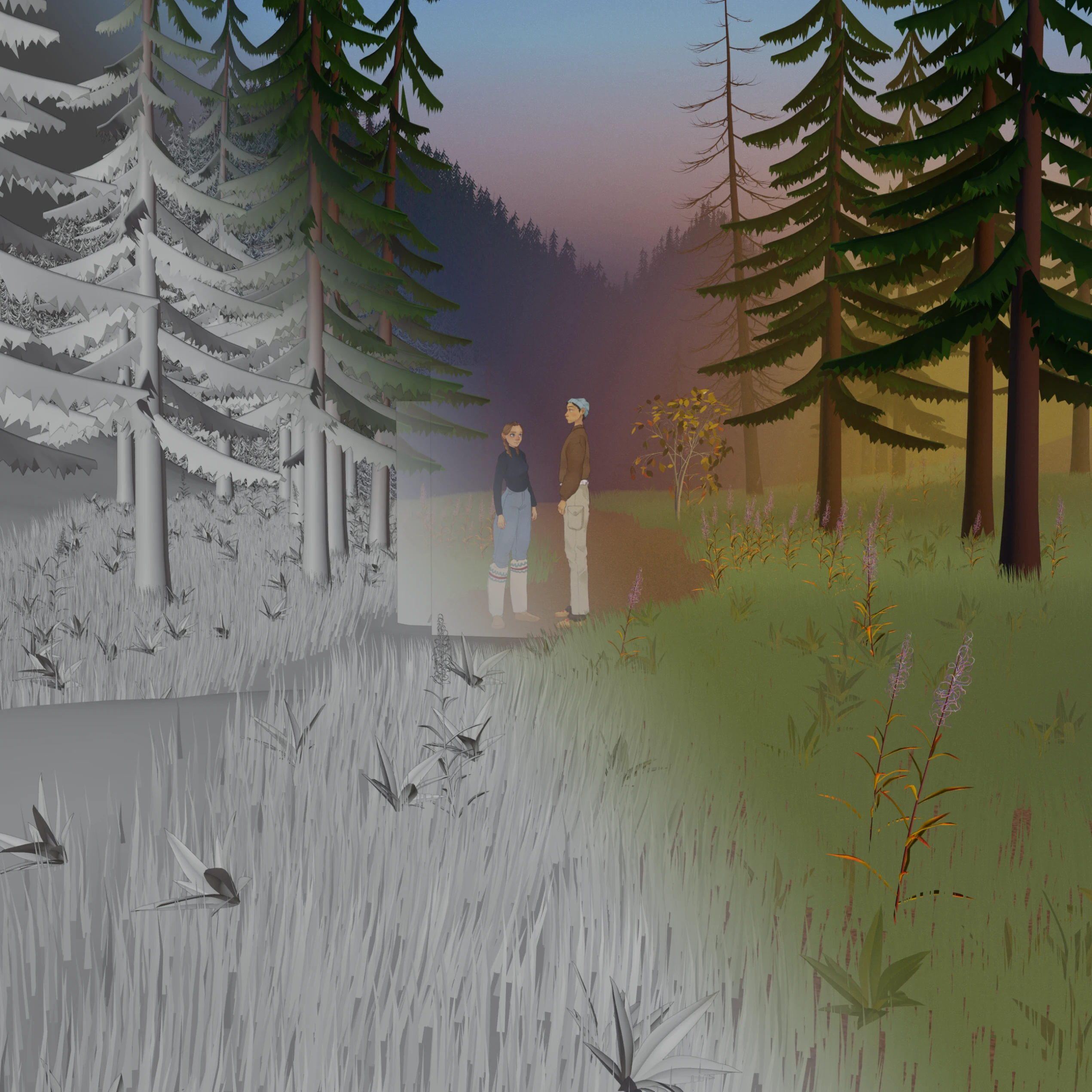 Illustrated scene showing two Yukon youth standing on a forest path, with the environment transitioning from a monochrome render on one side to a full-colour landscape on the other.