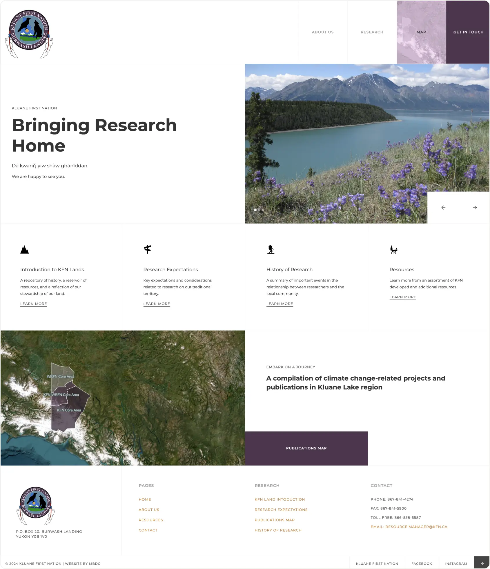 Sample screenshot of Kluane First Nation's research website home page.