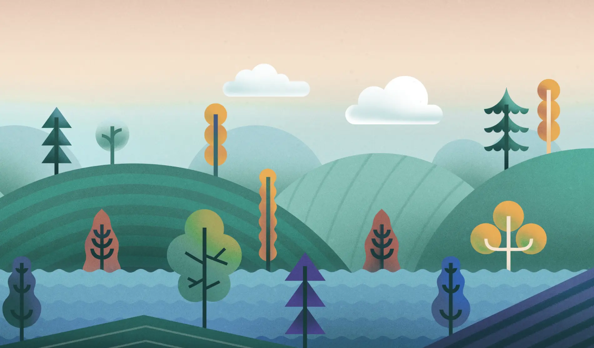 Illustration of a colorful, stylized landscape with hills, trees, and clouds in the background.