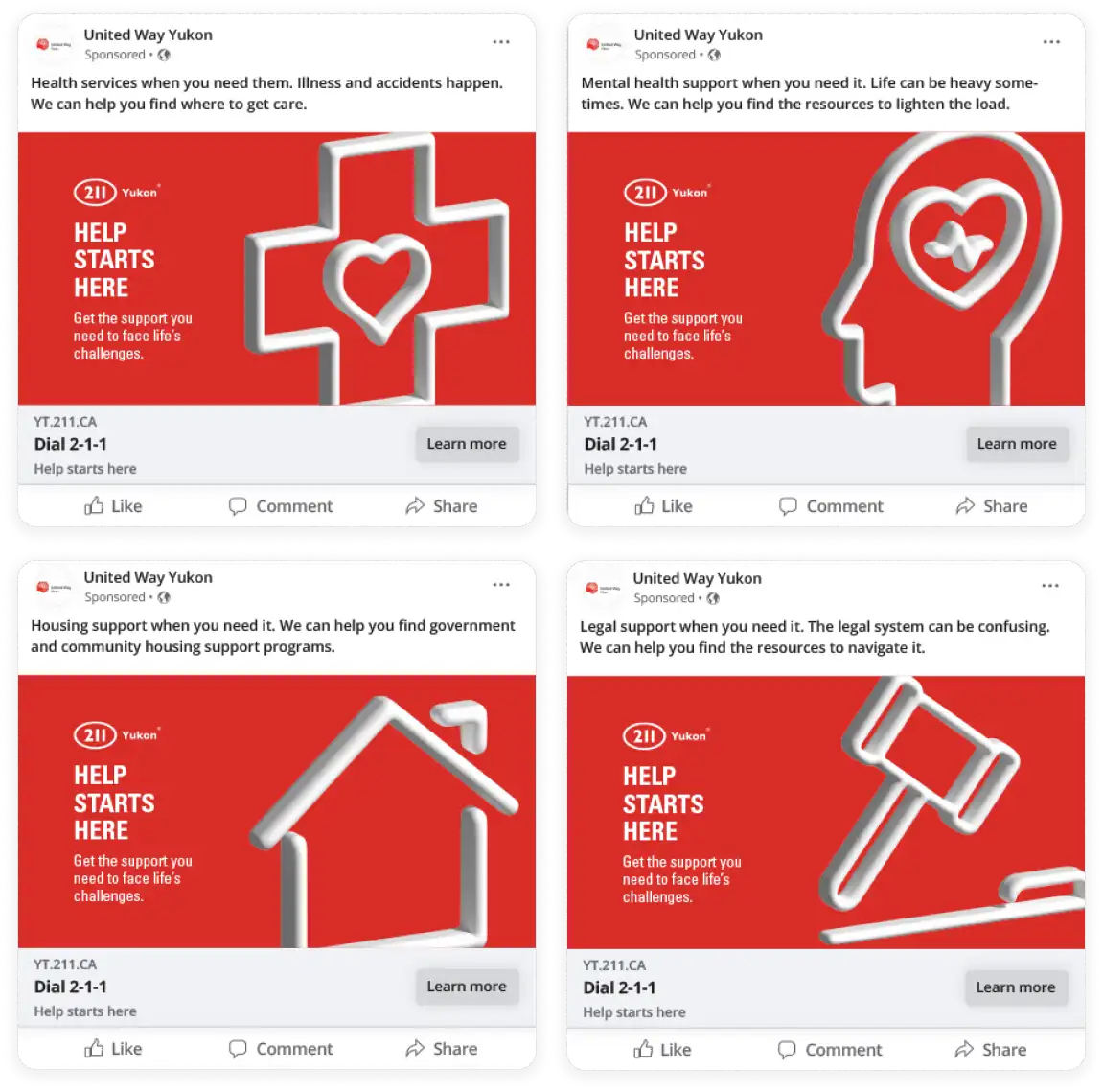 Four United Way Yukon 2-1-1 social ads highlighting health, mental health, housing, and legal support services with the message ‘Help Starts Here.