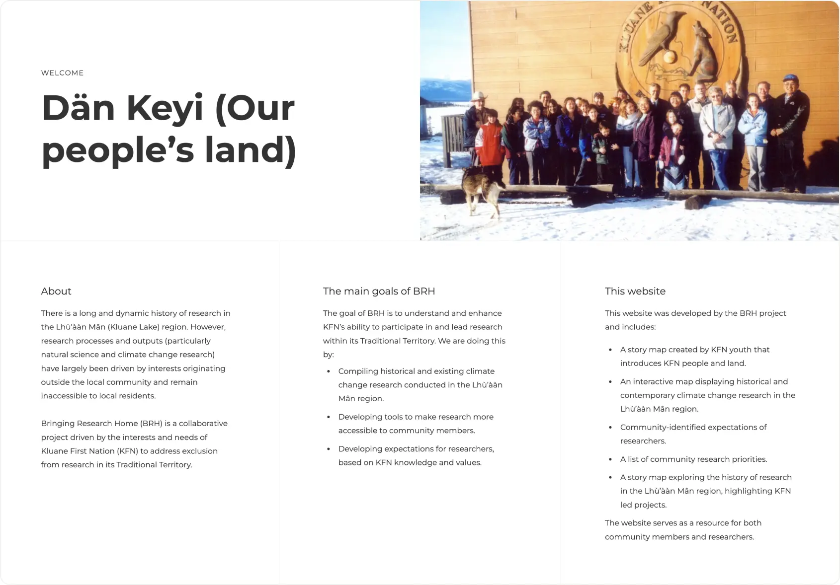 Sample screenshot of Kluane First Nation's research website research page.