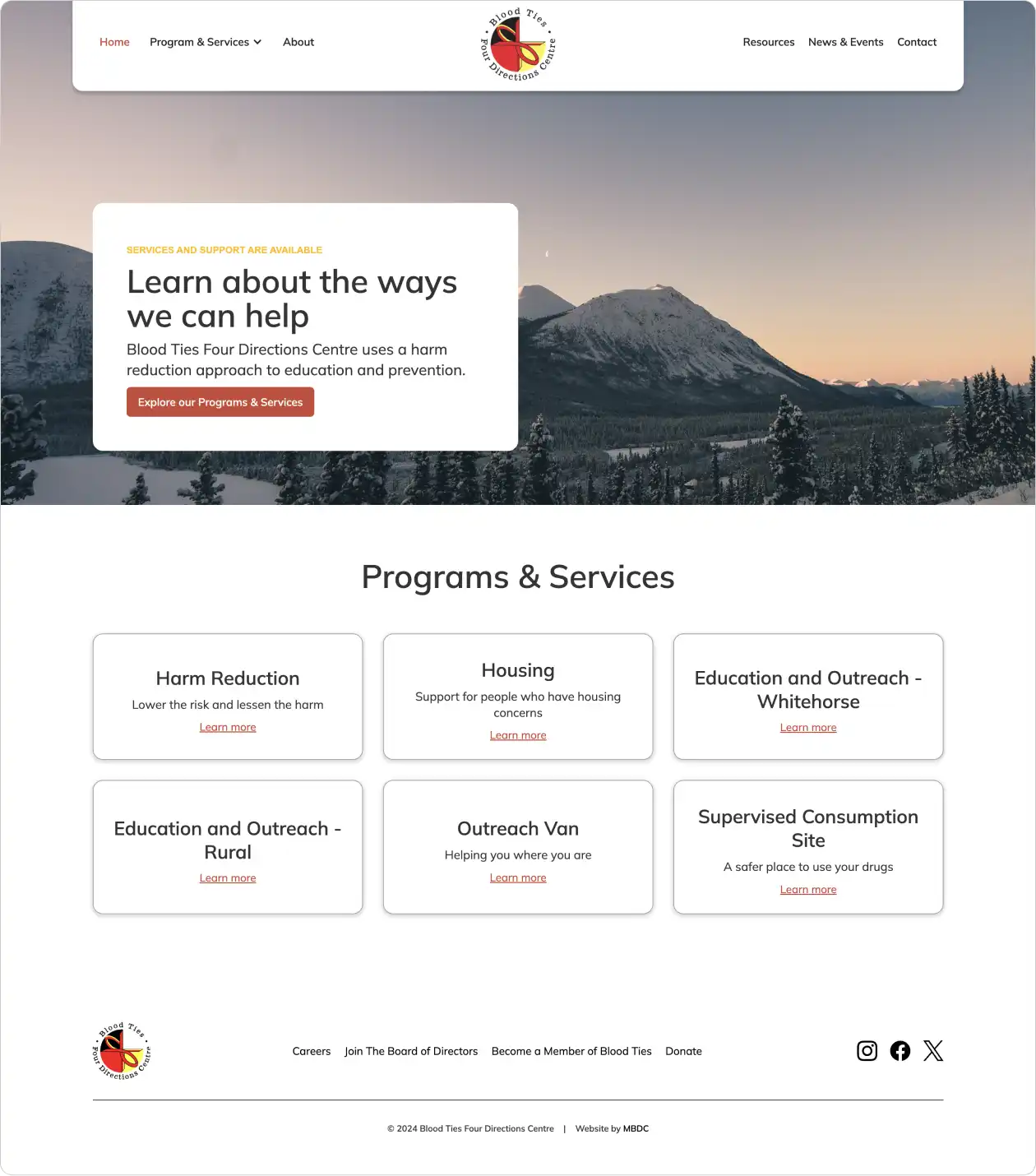 Sample screenshot of Blood Ties Four Directions website homepage.