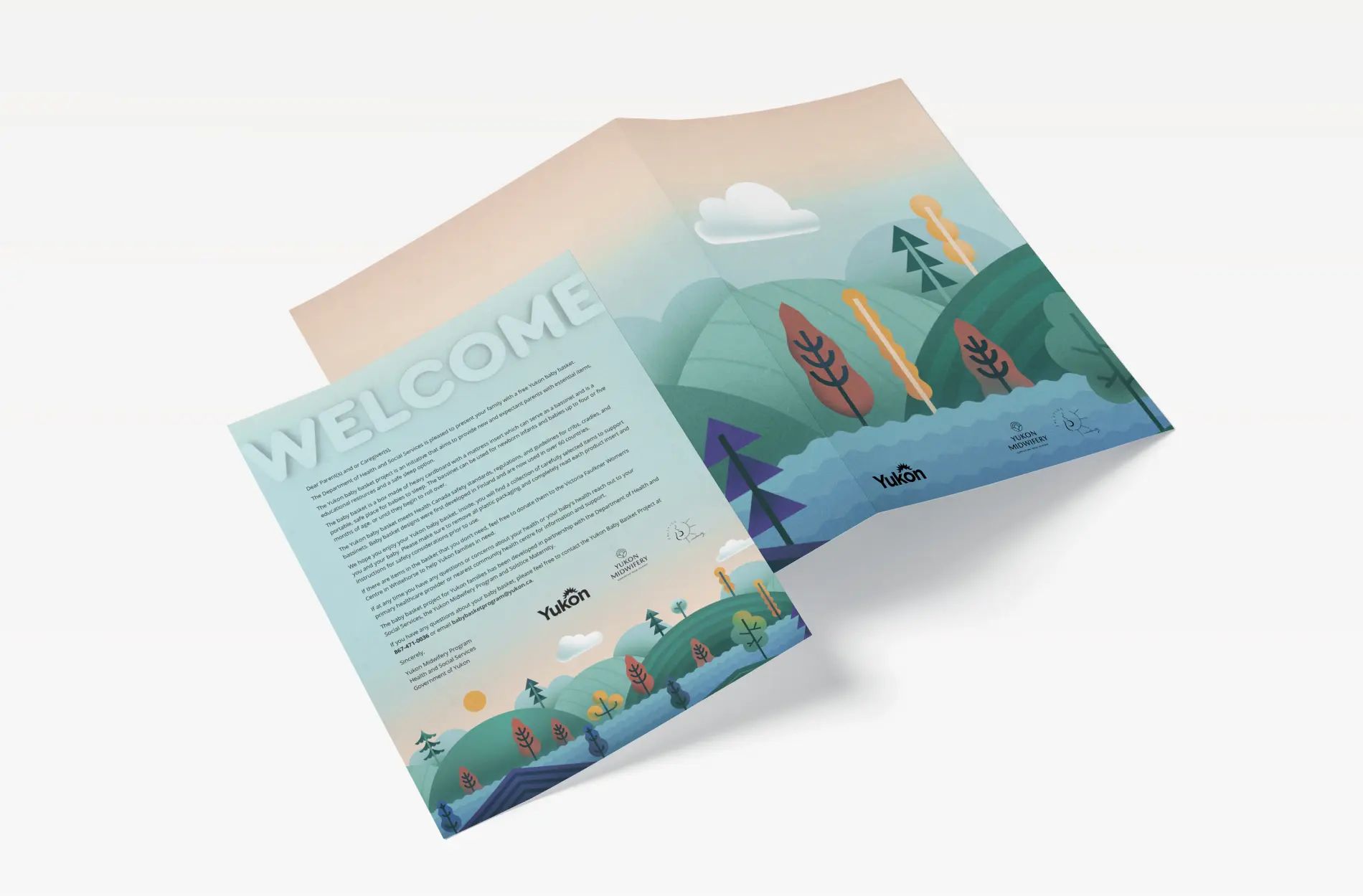 Presentation folder with an illustrated cover depicting a landscape of hills, trees, and clouds.