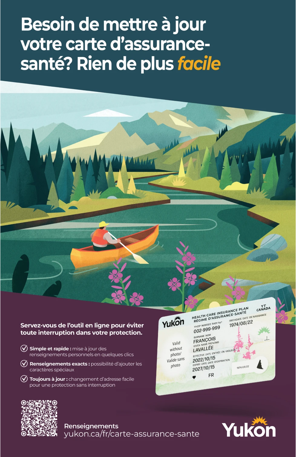 French poster for the Yukon Health Care Card campaign, featuring a Yukon river landscape, canoe illustration, health care card graphic, QR code, and French messaging about updating card information online.