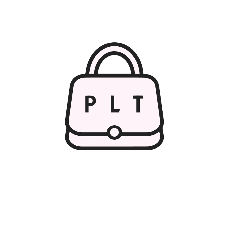 An image of a purse with the plt logo on it
