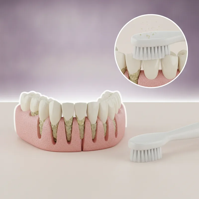Corte didático de prótese dentária mostrando técnica de limpeza correta