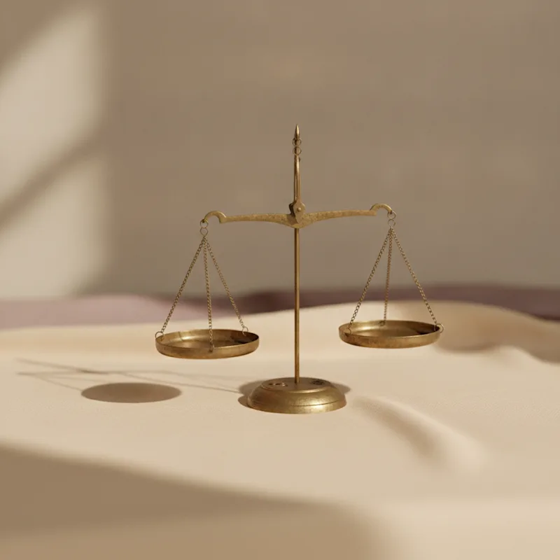 Balança de latão equilibrada, representando a decisão entre as duas opções