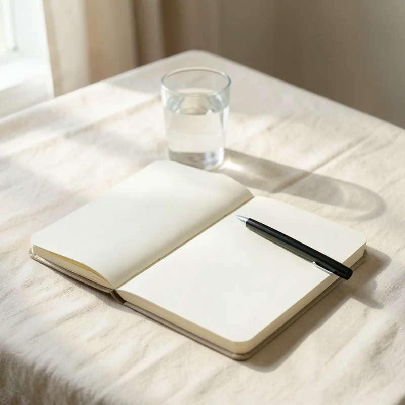 Caderno aberto e copo de água sobre a mesa, na luz da janela