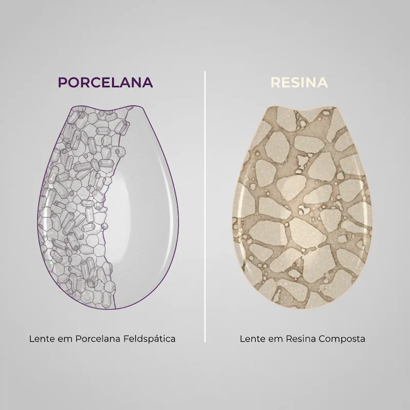 Comparação Estrutural Porcelana vs Resina em Lentes