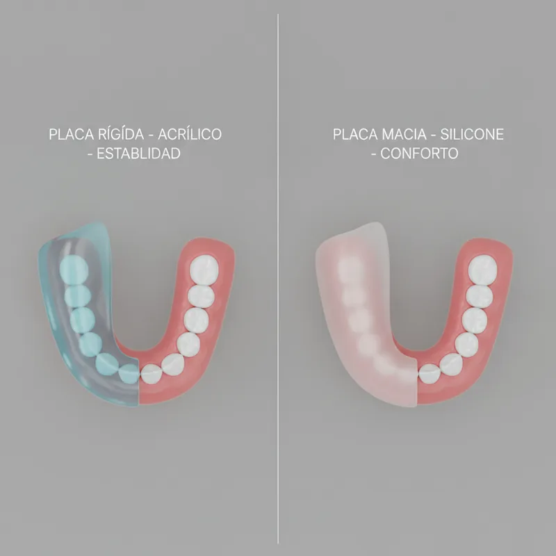 Comparação visual entre placa rígida e placa macia para bruxismo