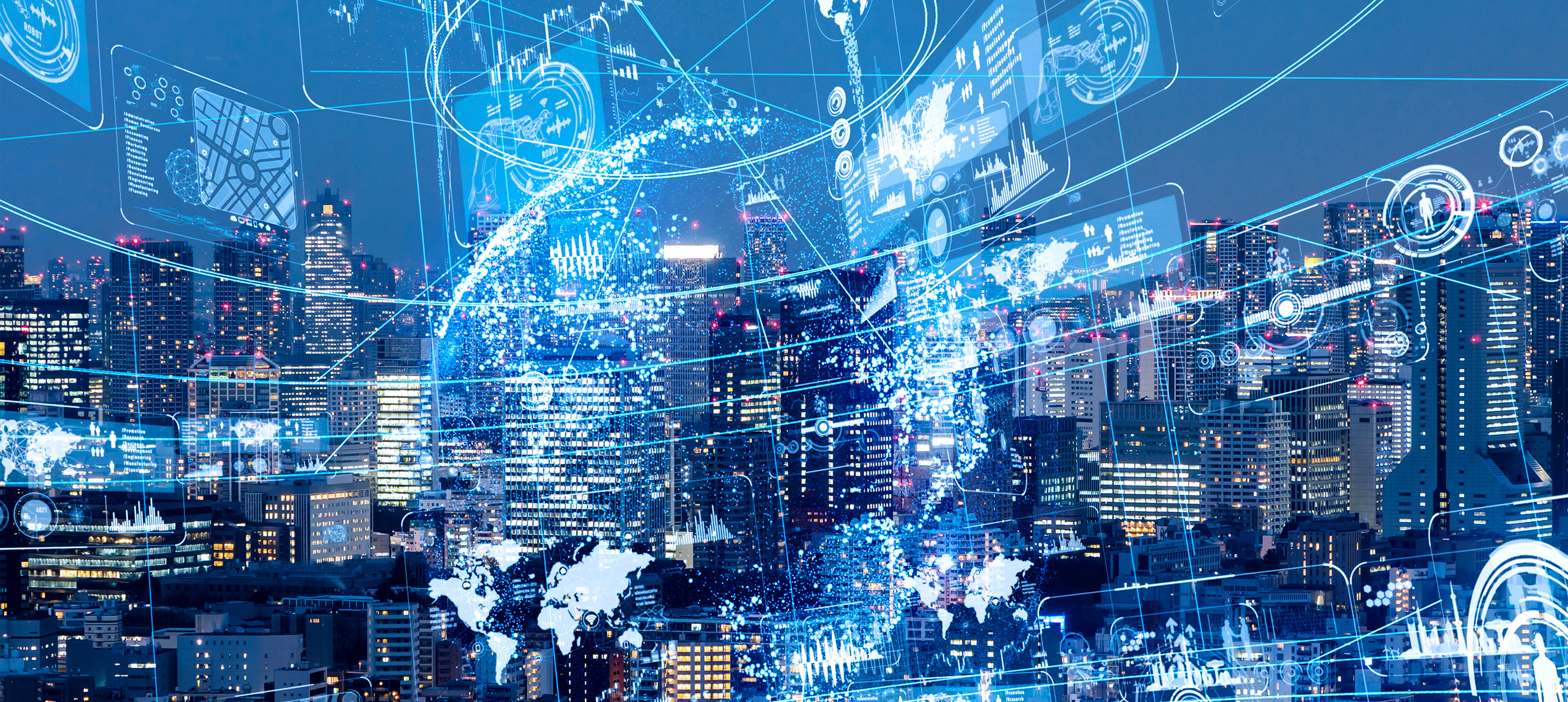 Digital cityscape with global network, data analytics and connected technology overlays.