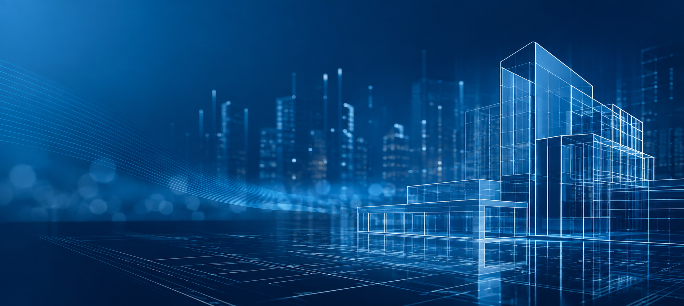 Blue digital illustration of a modern building with glowing wireframe architecture, city skyline, and abstract data lines.