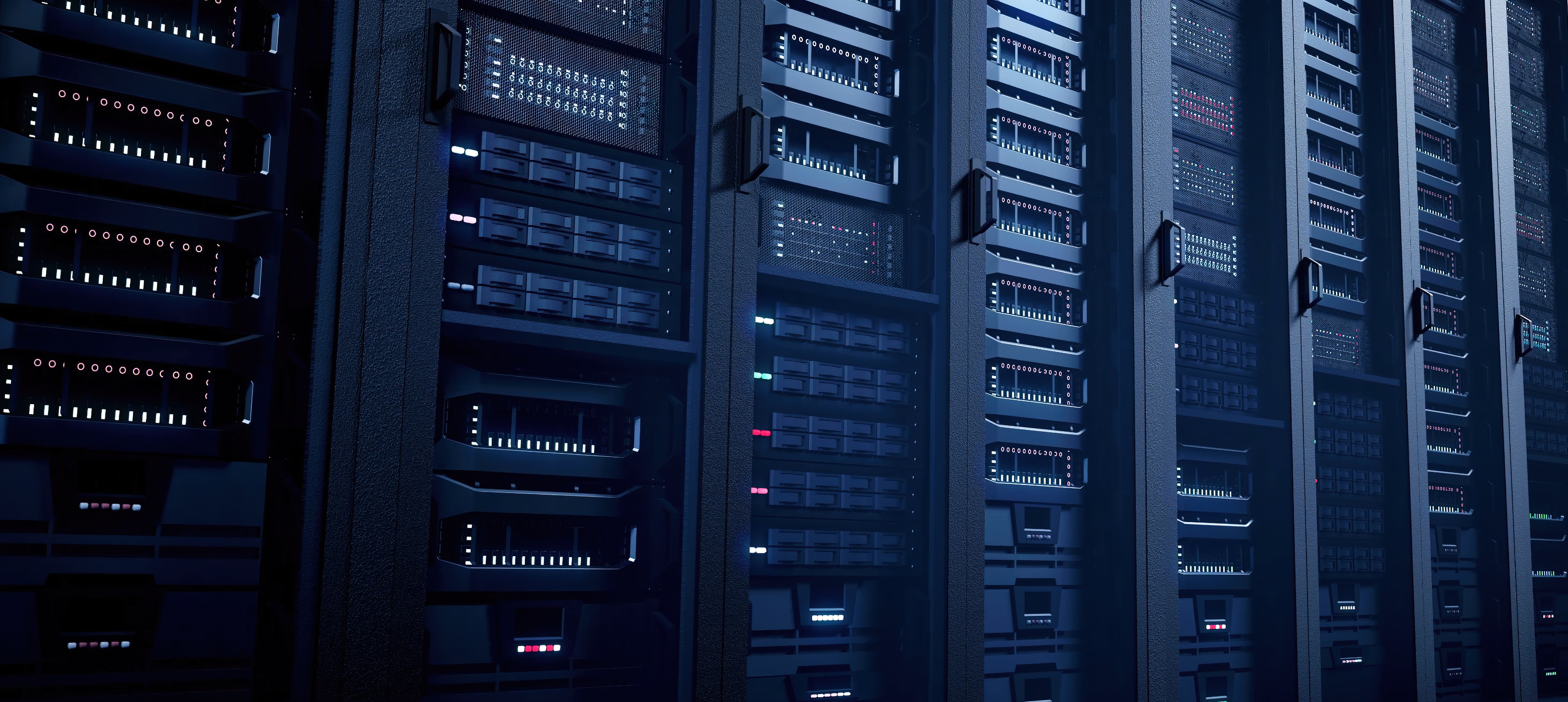 Rows of black server racks with blinking lights and network equipment in a dimly lit data center.