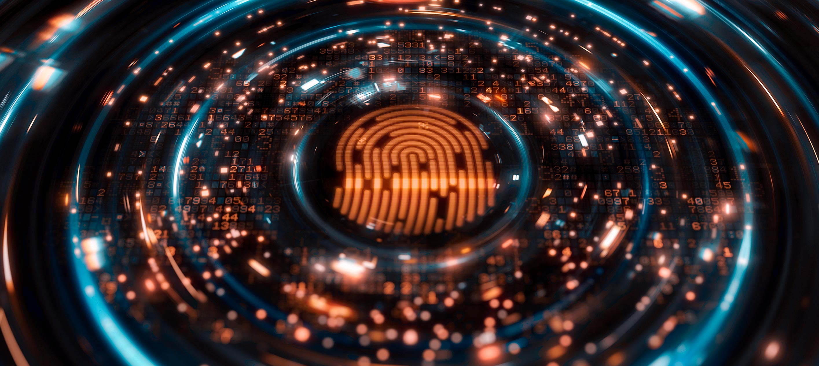 A glowing orange fingerprint at the centre of concentric digital rings with floating numbers on a dark background.