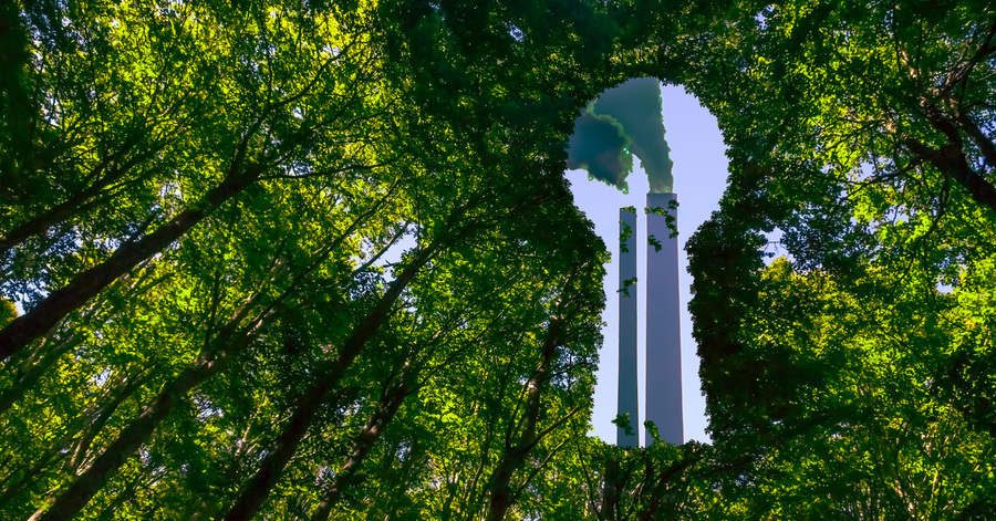 Ground Level View of Trees with a Cutout Focused on a Powerplant