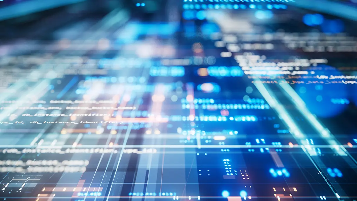 Abstract digital data visualization with code, analytics and interconnected data streams representing predictive analytics and advanced technology.