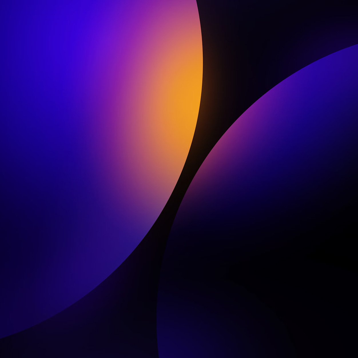 Abstract image featuring overlapping ovals in deep blue and purple hues with a bright orange gradient light at their intersection.