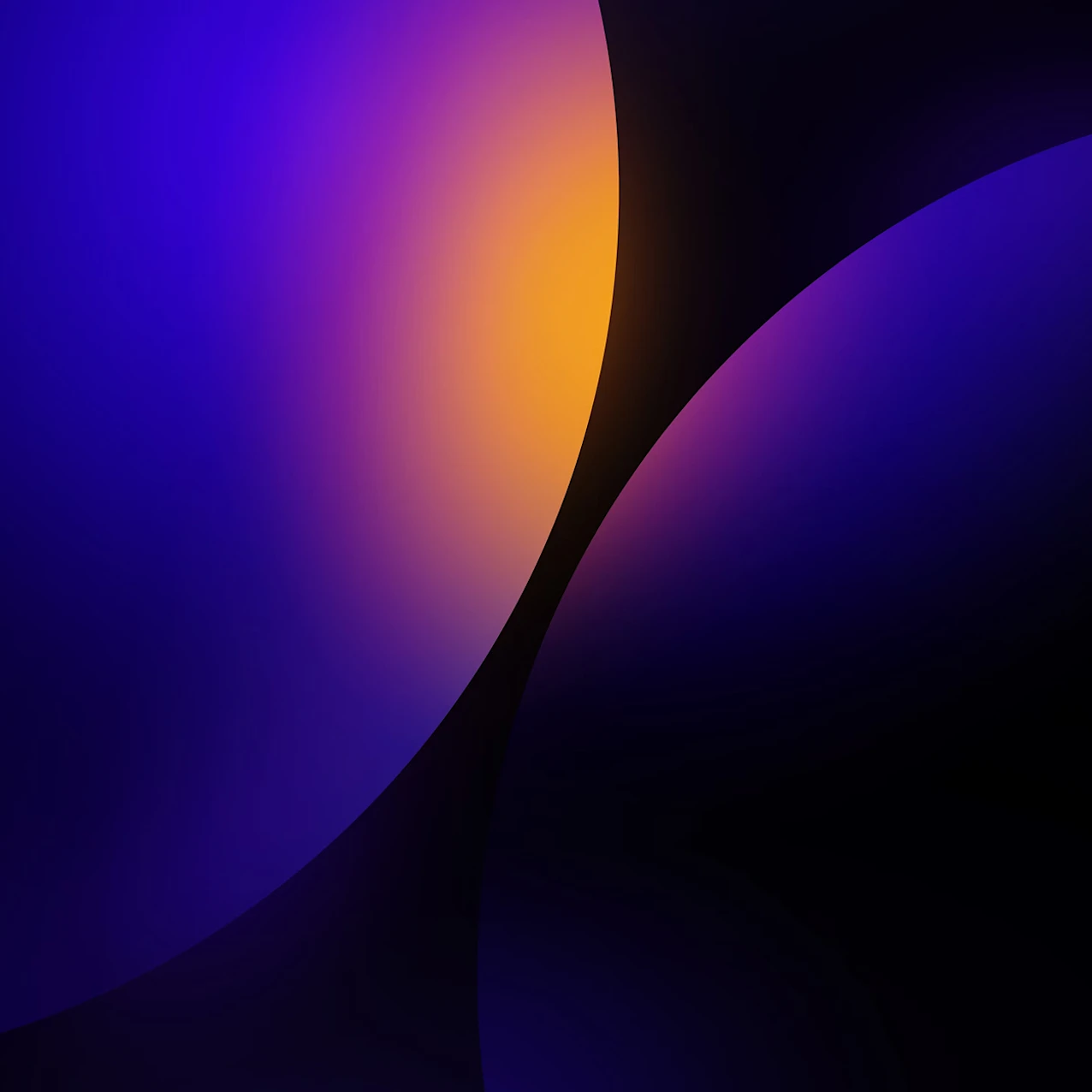Abstract image featuring overlapping ovals in deep blue and purple hues with a bright orange gradient light at their intersection.