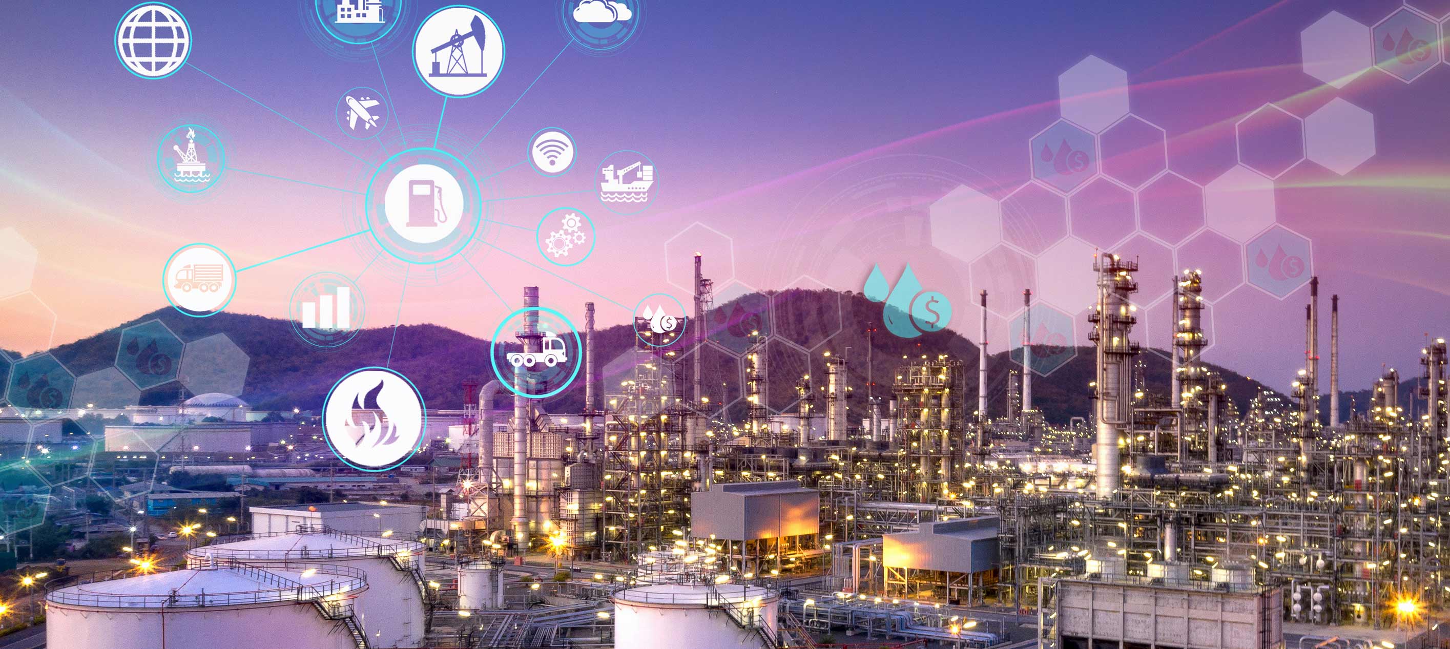 Aerial view of an illuminated industrial refinery at dusk with digital industry icons overlaid across the sky.