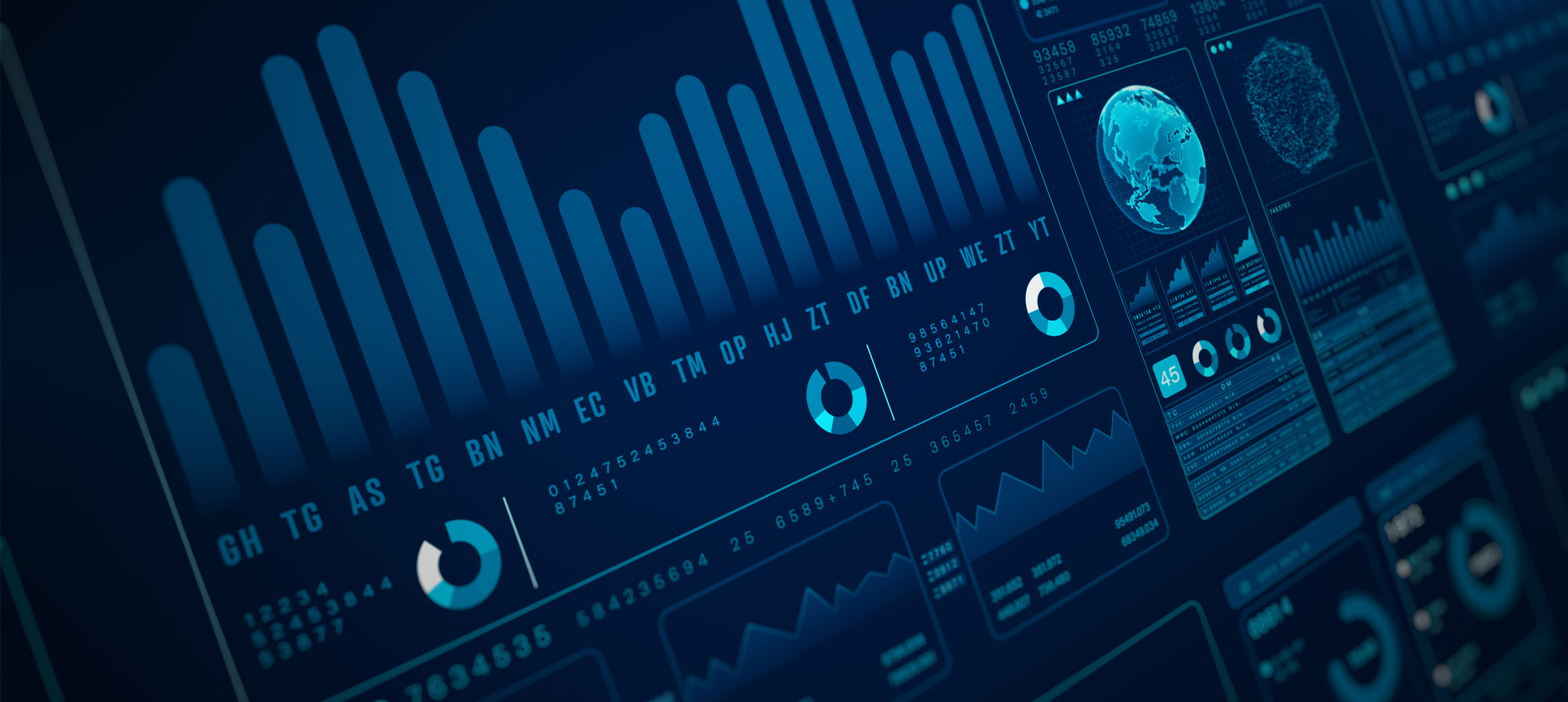 Digital dashboard displaying data analytics, bar charts, pie charts and global metrics for financial market insights.