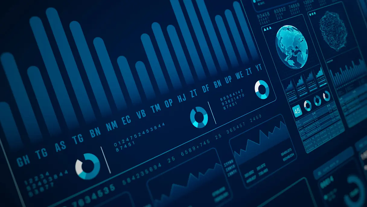 Digital dashboard displaying data analytics, bar charts, pie charts and global metrics for financial market insights.