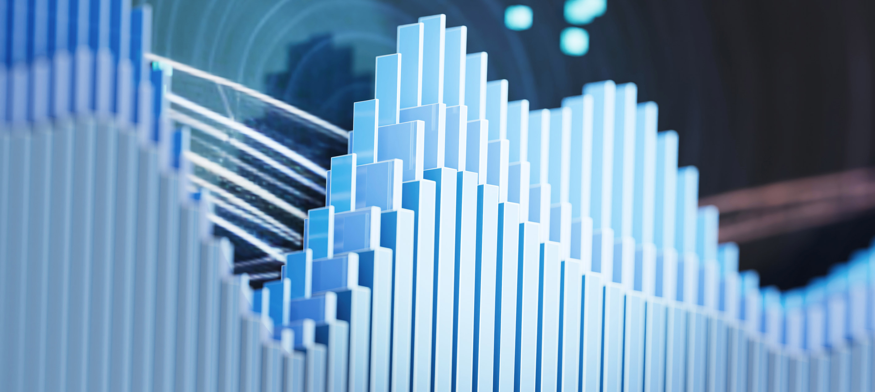 Close-up of blue translucent bar chart columns with upward trend lines on a digital financial data visualisation background.