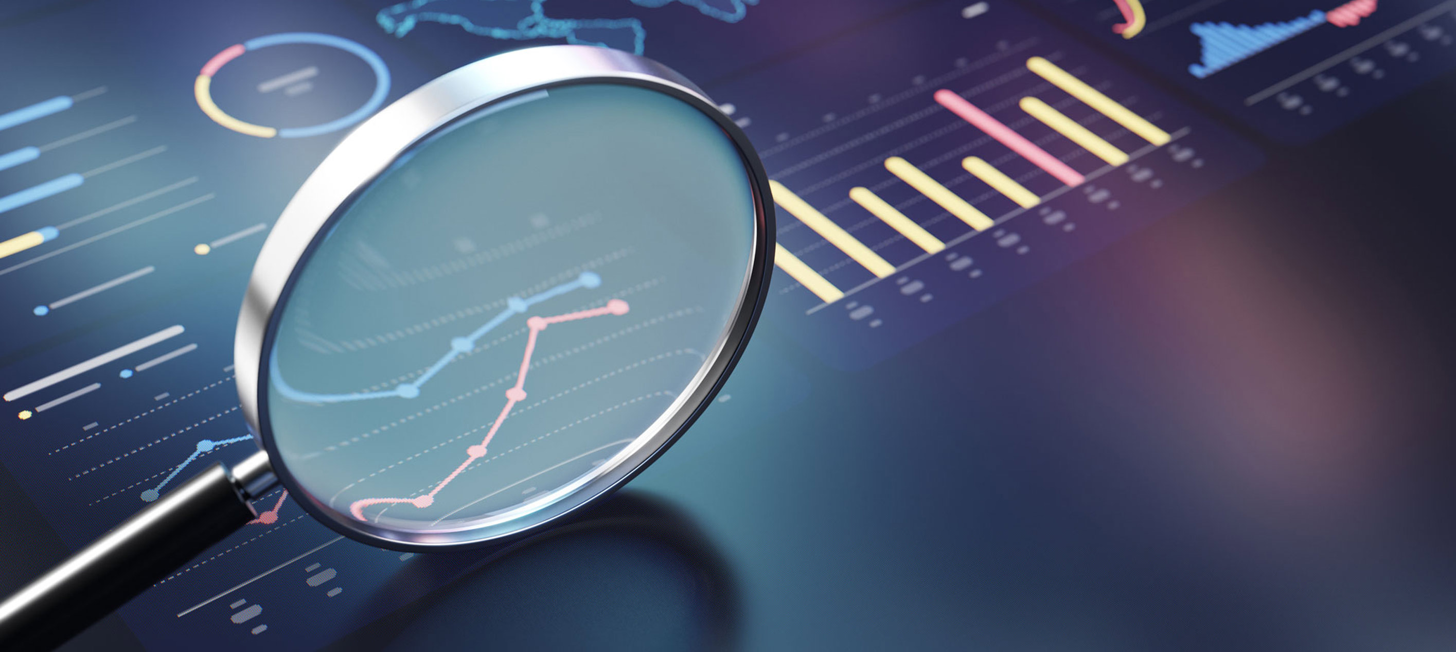 A magnifying glass over a digital dashboard displaying line graphs and bar charts on a dark blue background.