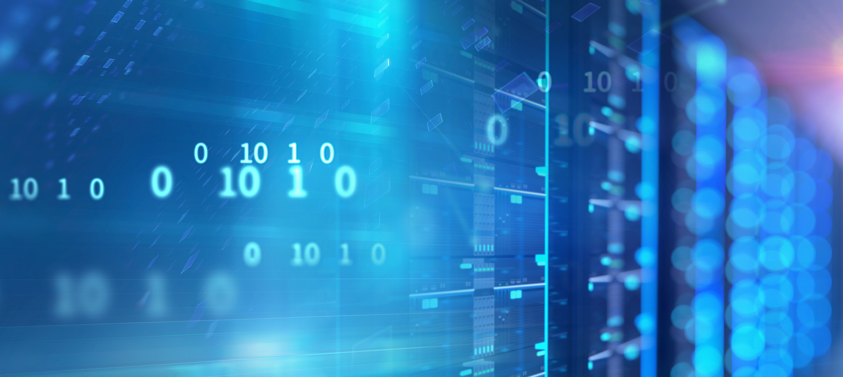 Row of server racks at a data center with an overlay of numbers
