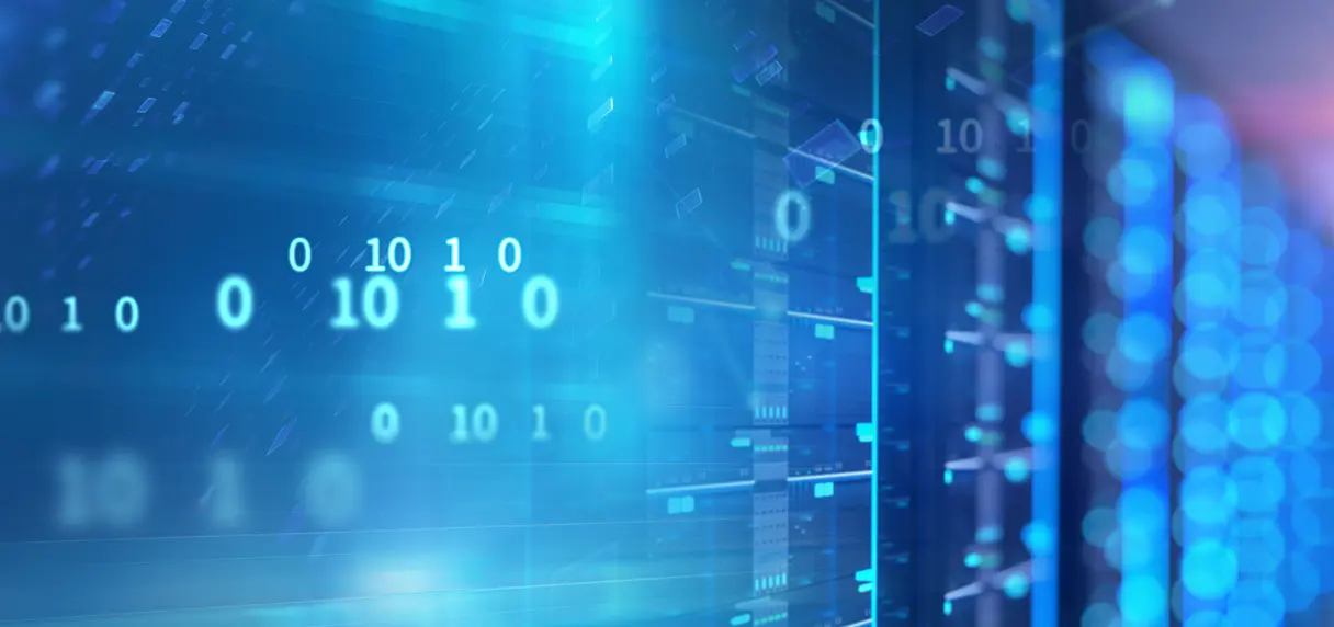 Row of server racks at a data center with an overlay of numbers