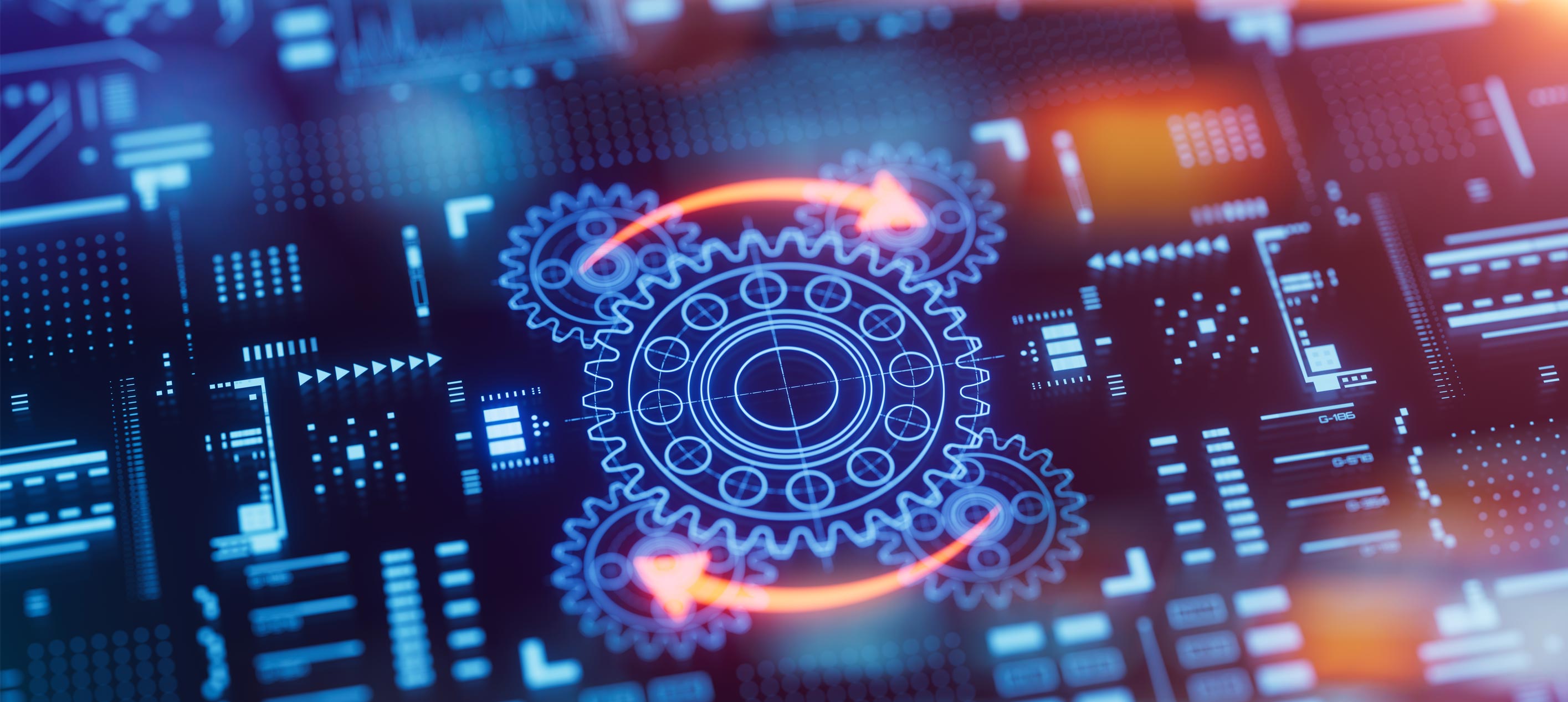 Glowing blue gear outlines with two curved orange arrows on a dark background of blurred digital interface shapes.
