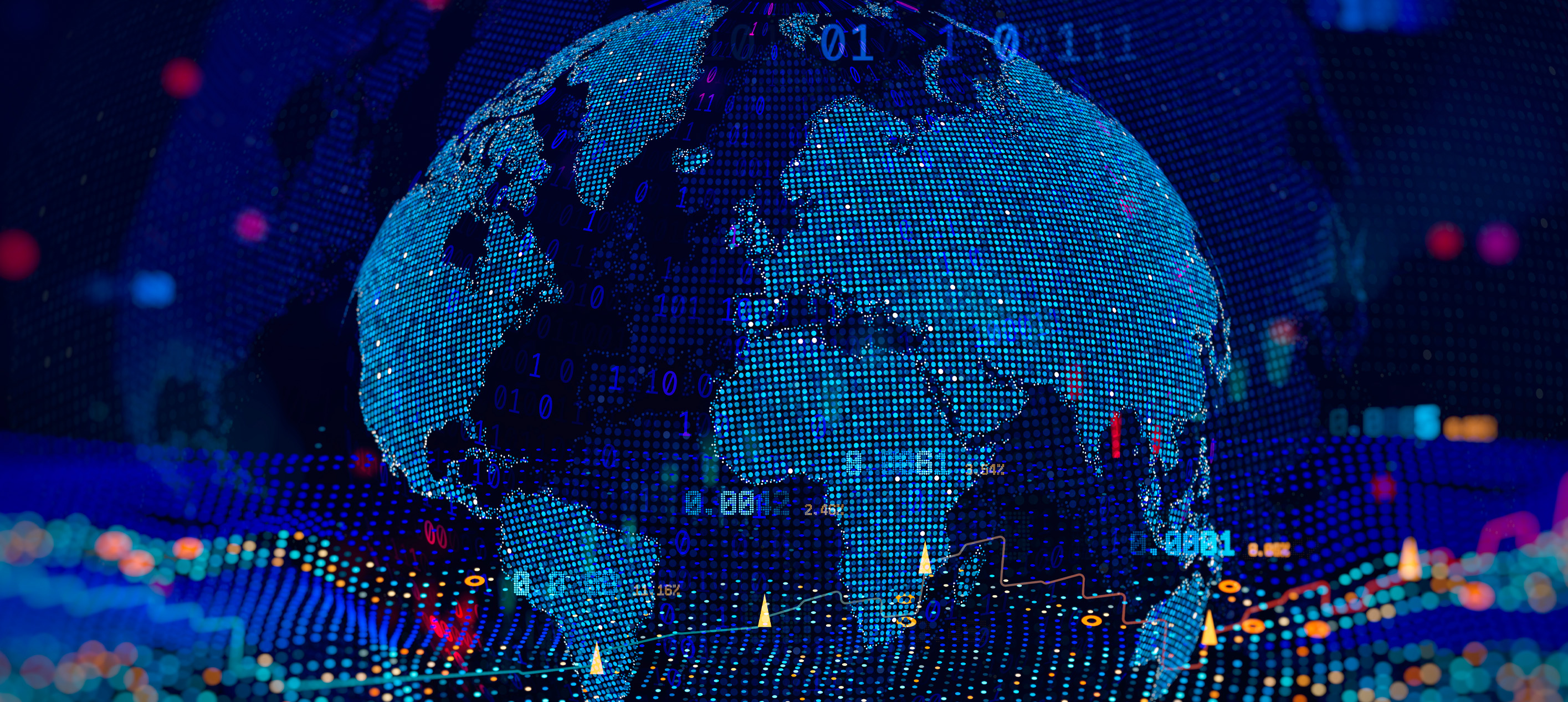 Digital illustration of a glowing blue globe surrounded by binary code, financial data and market charts, representing global financial markets.