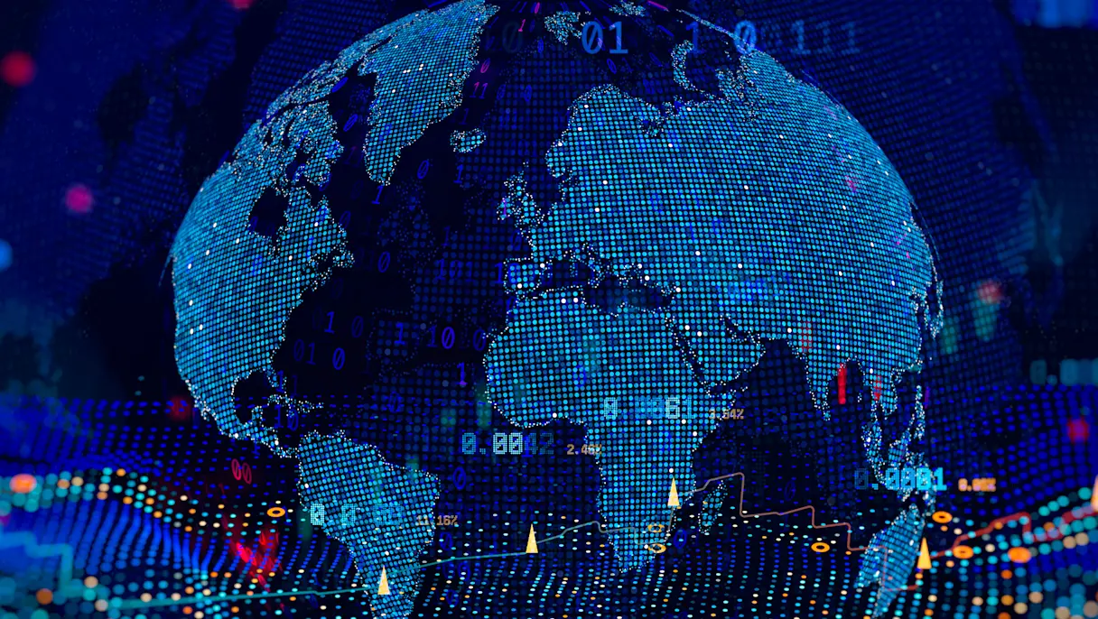 Digital illustration of a glowing blue globe surrounded by binary code, financial data and market charts, representing global financial markets.