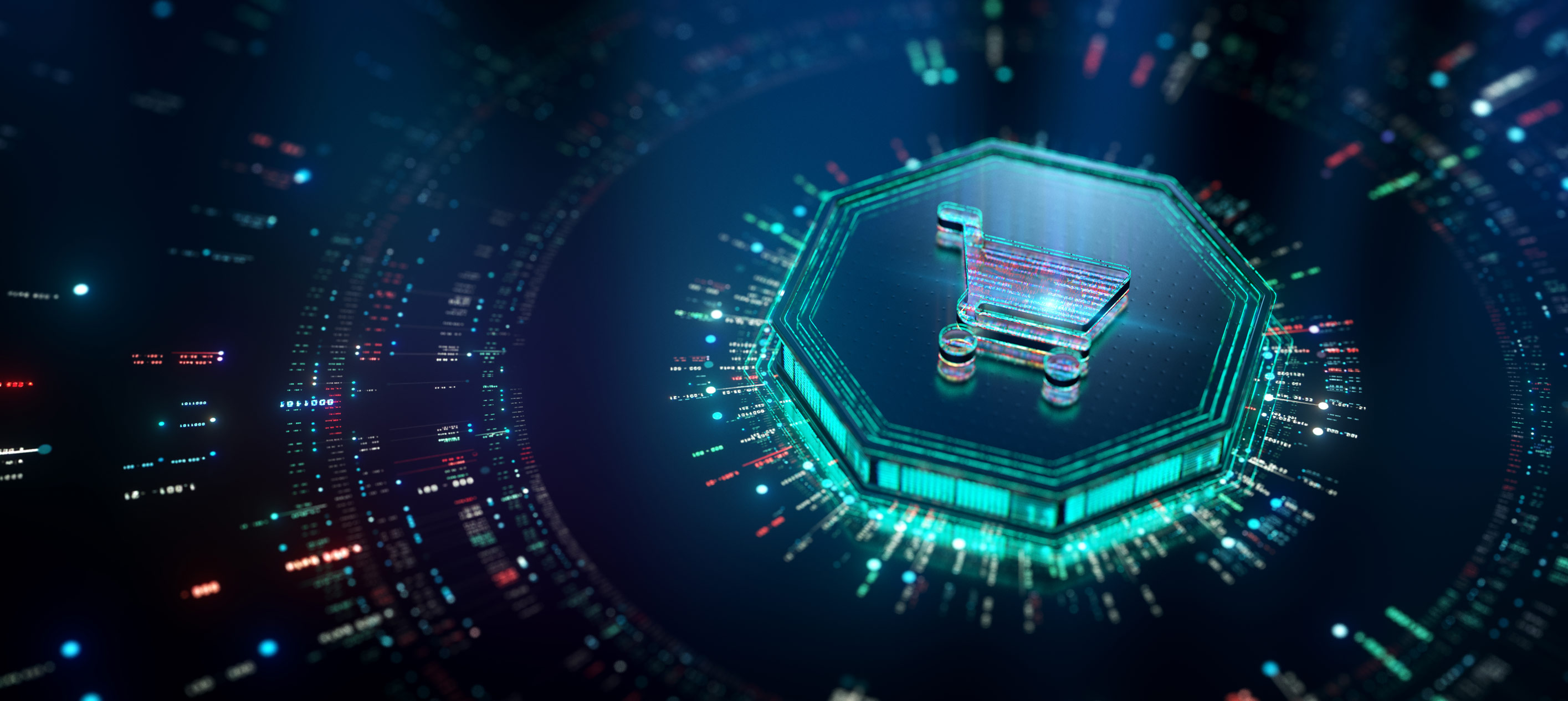Futuristic digital shopping cart on glowing tech platform