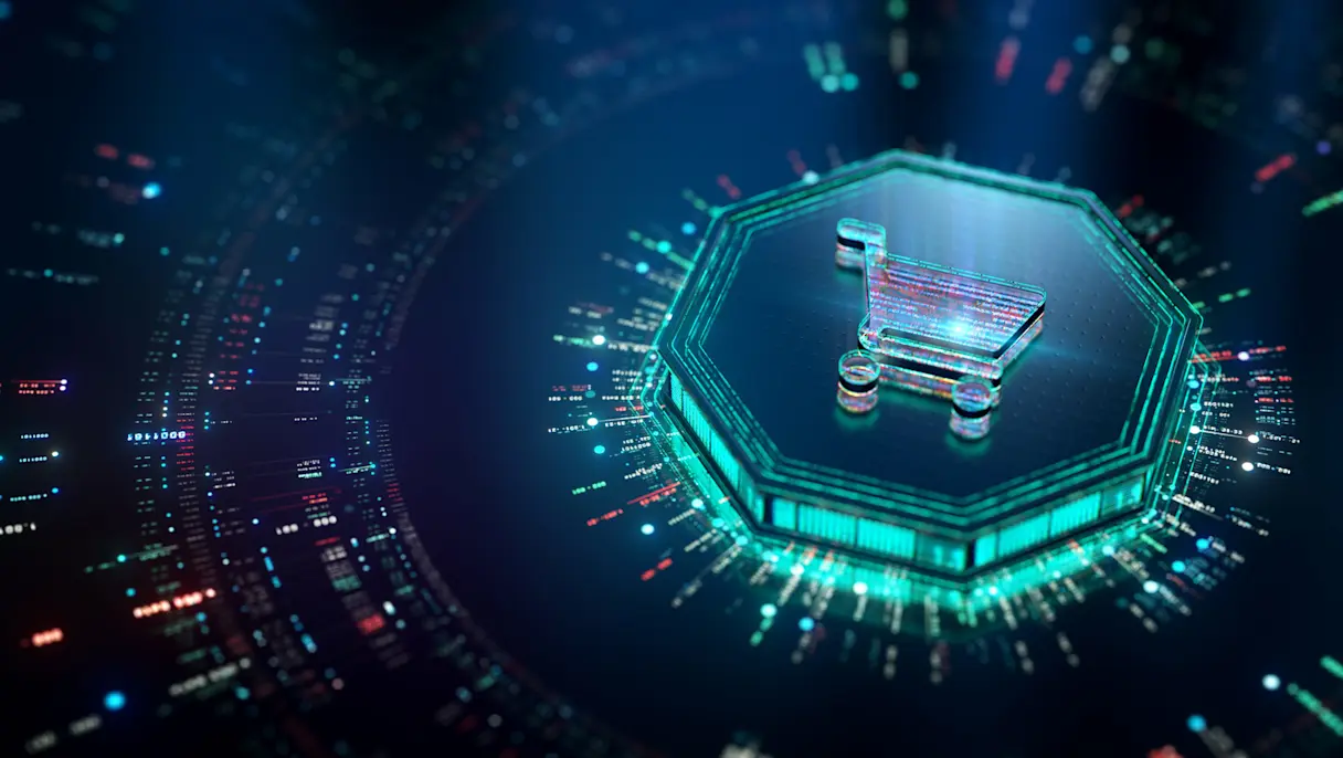 Futuristic digital shopping cart on glowing tech platform
