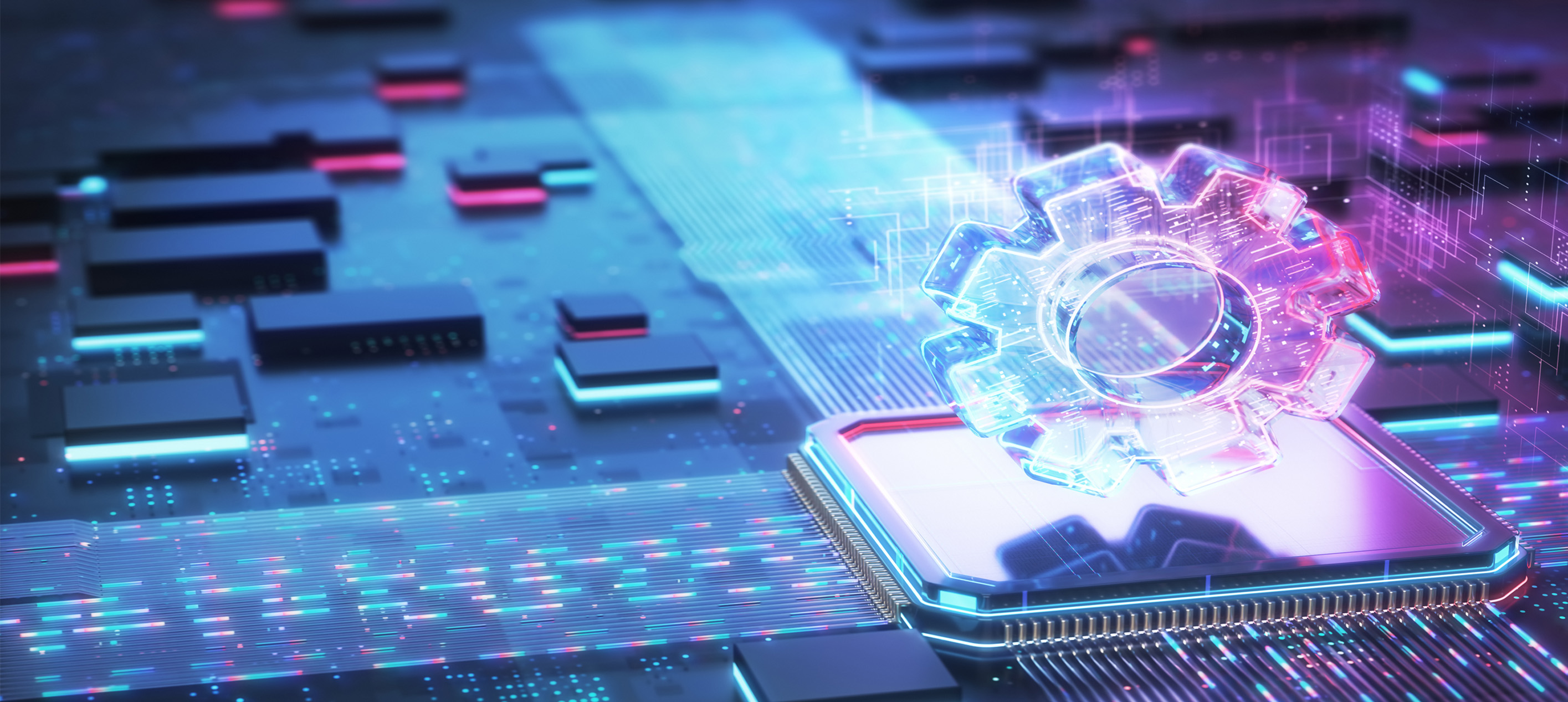 A glowing, translucent crystal gear hovers above a central microchip on a futuristic, neon-lit circuit board with glowing blue and pink digital data tracks.