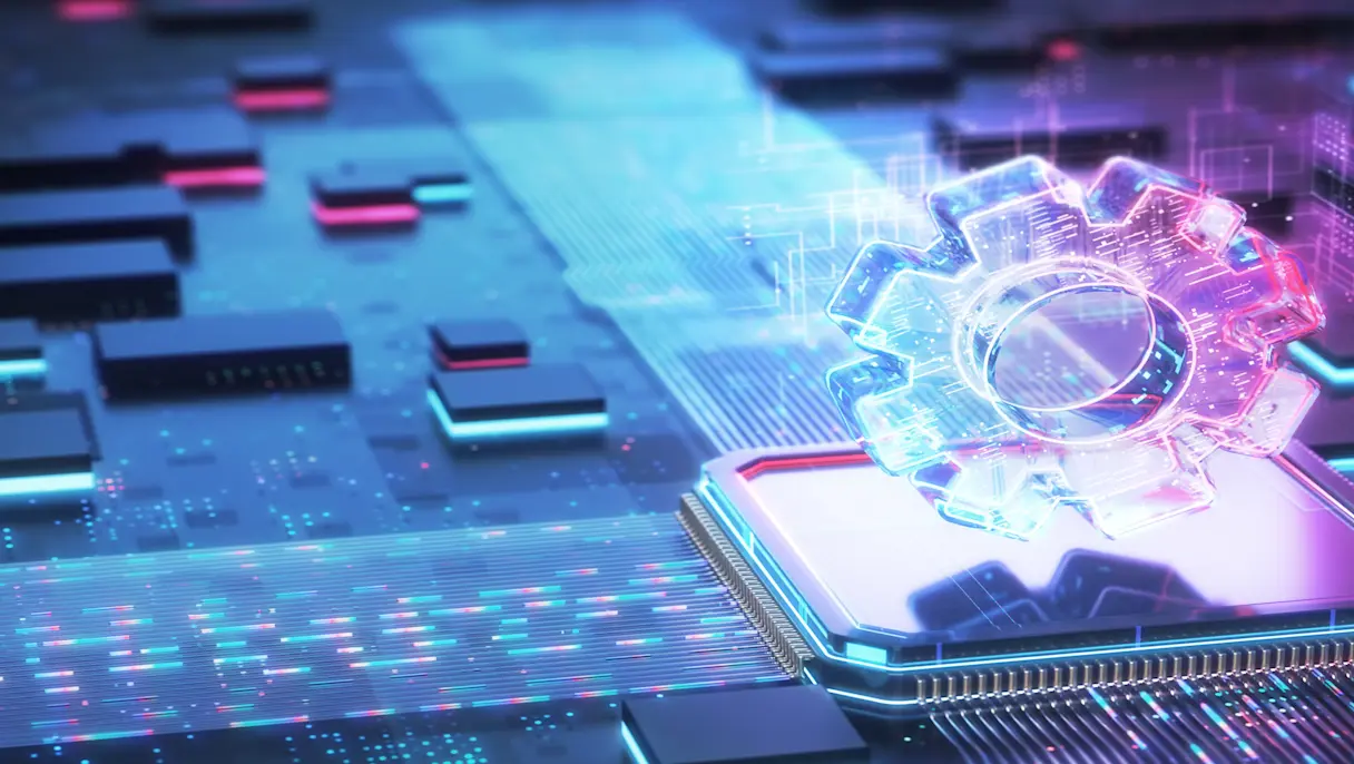 A glowing, translucent crystal gear hovers above a central microchip on a futuristic, neon-lit circuit board with glowing blue and pink digital data tracks.