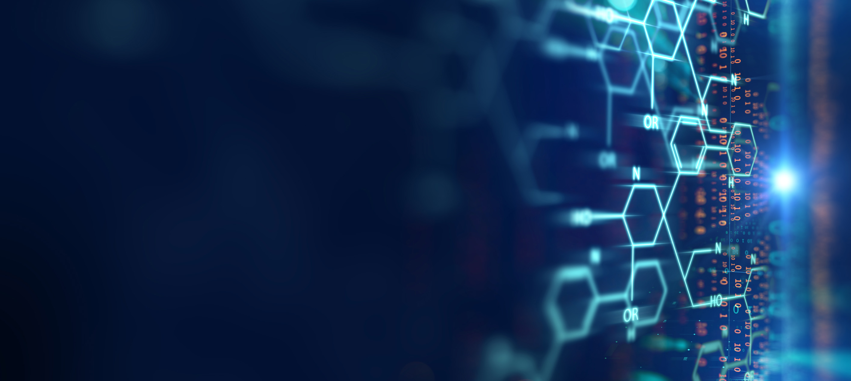 Digital illustration of chemical structures and molecular formulas representing healthcare, pharmaceuticals and scientific research