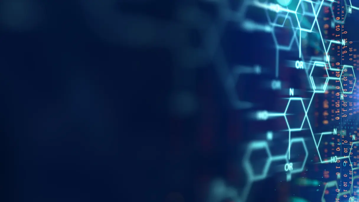 Digital illustration of chemical structures and molecular formulas representing healthcare, pharmaceuticals and scientific research