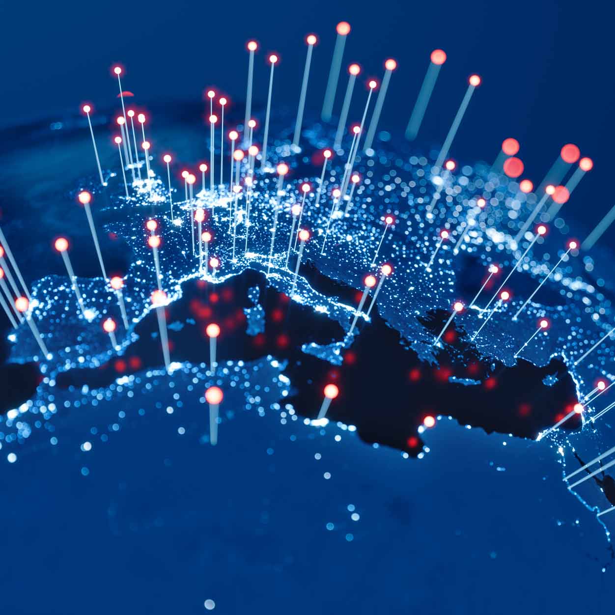 Digital map with glowing data points and red location markers.