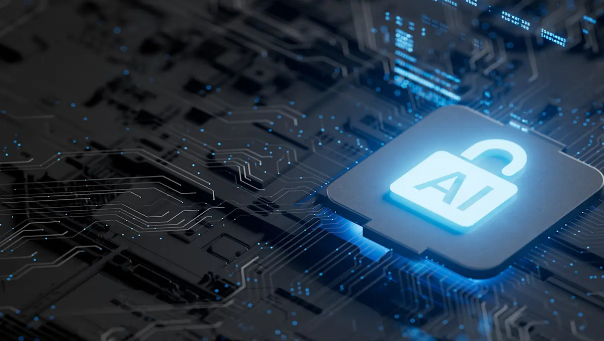 AI security shield protecting a microchip on a circuit board