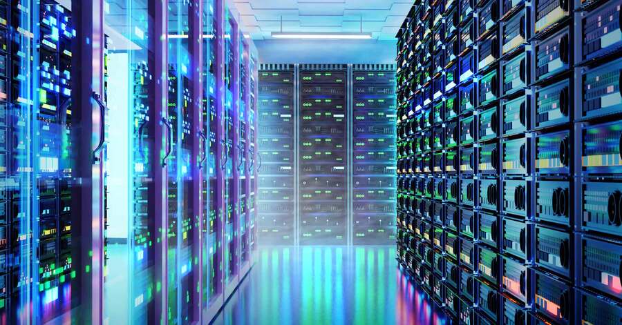 Futuristic aisle lined with glowing server racks.