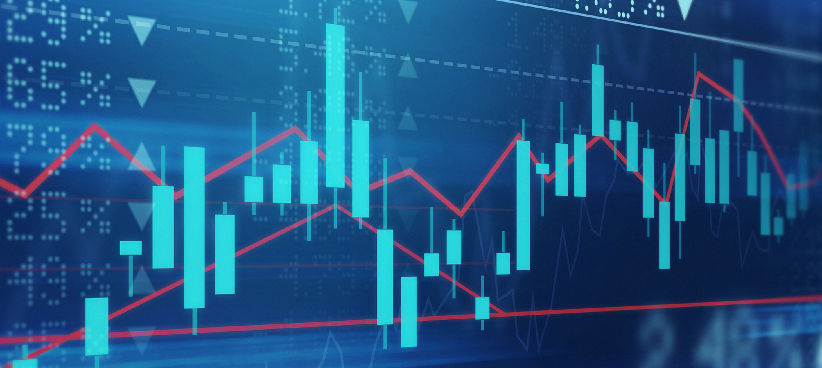 Financial market chart displaying candlestick data and fluctuating trend lines.