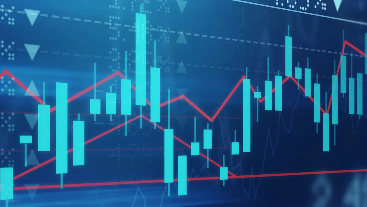 Financial market chart displaying candlestick data and fluctuating trend lines.