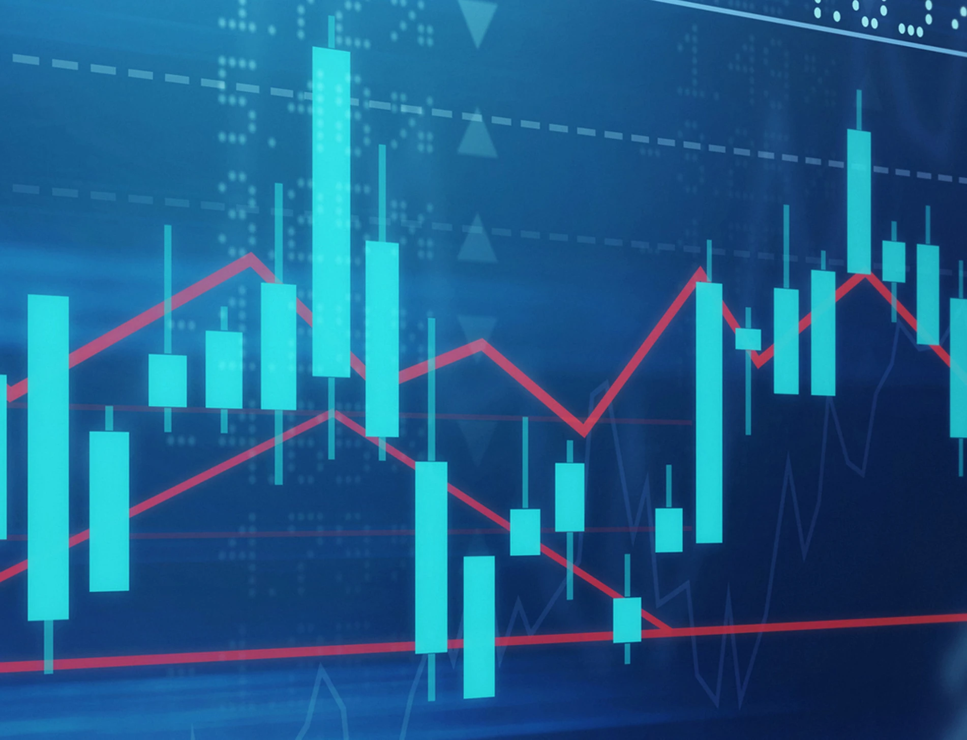Financial market chart displaying candlestick data and fluctuating trend lines.