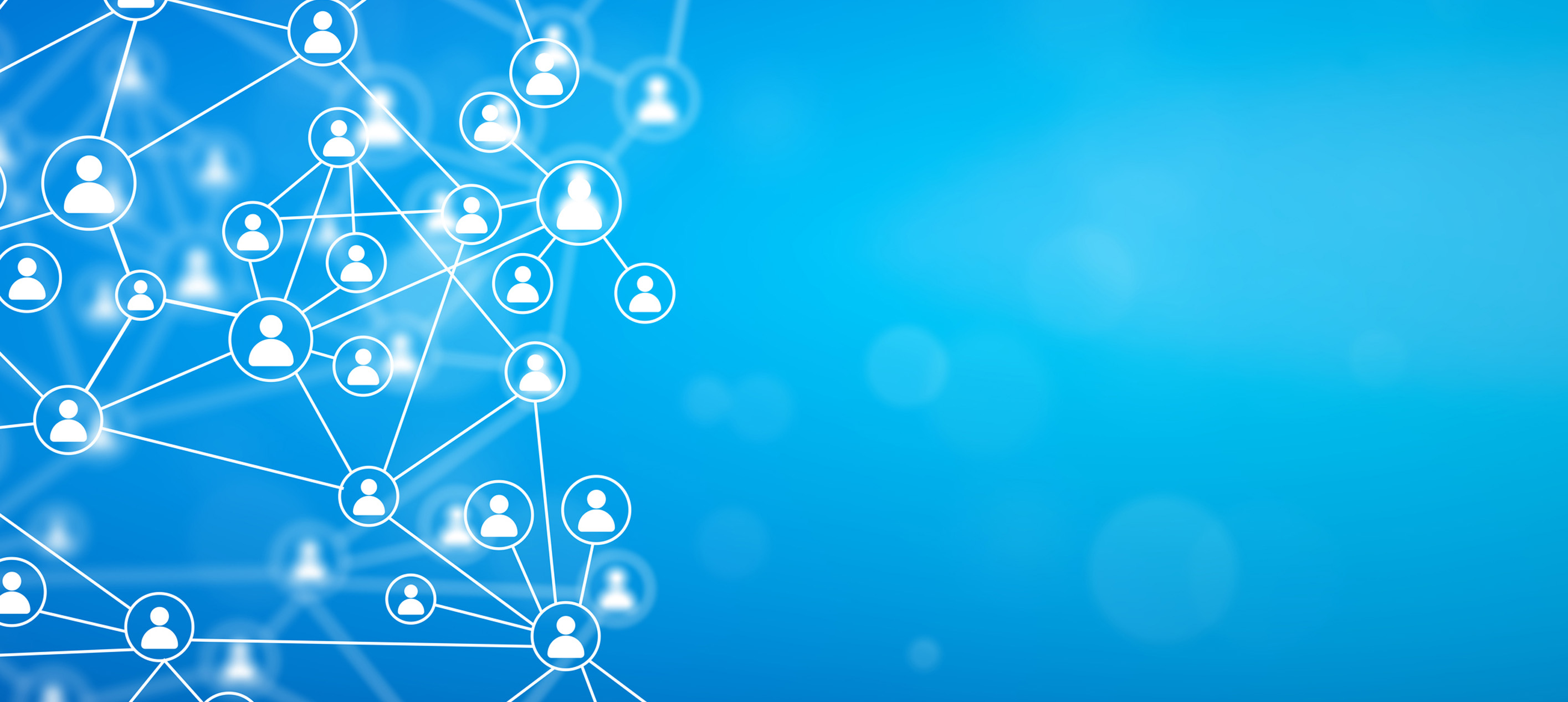 Interconnected user icons linked by network lines on a blue background, symbolizing communication, collaboration, and organizational connectivity