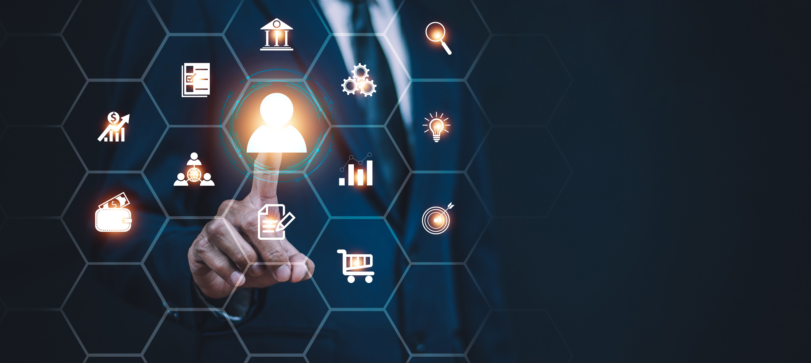 Hand selecting user icon on digital business interface.