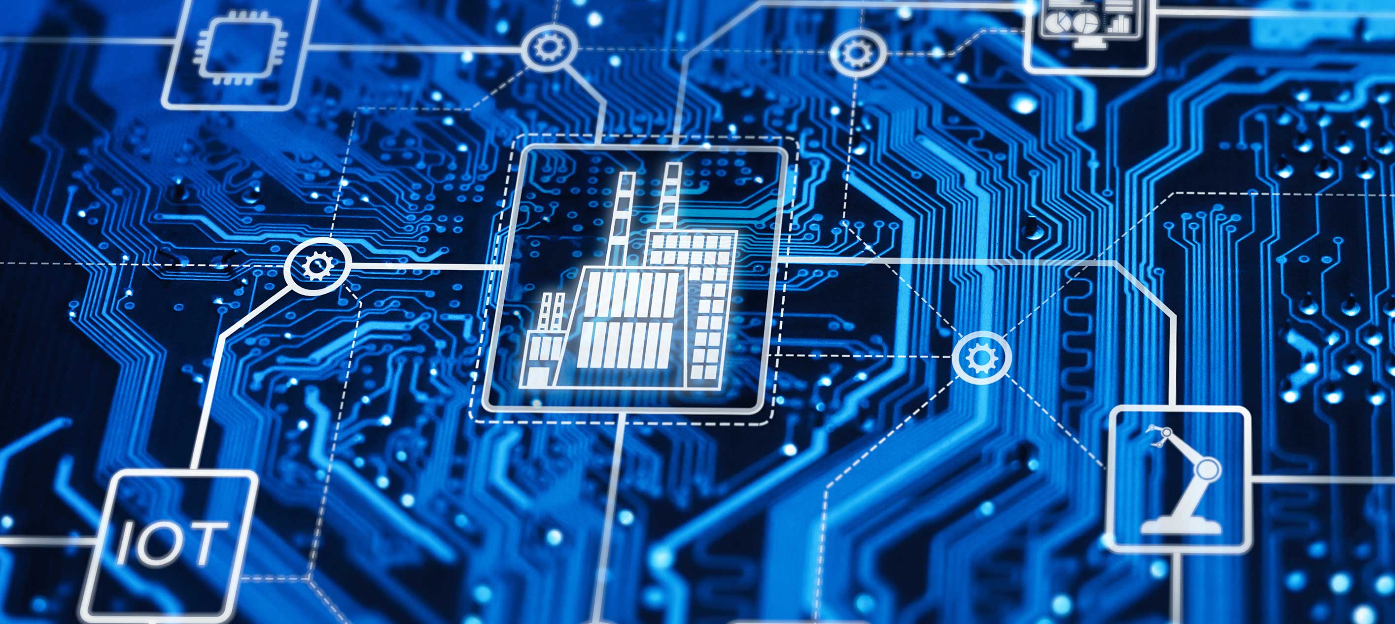 Digital circuit board with IoT and smart factory icons