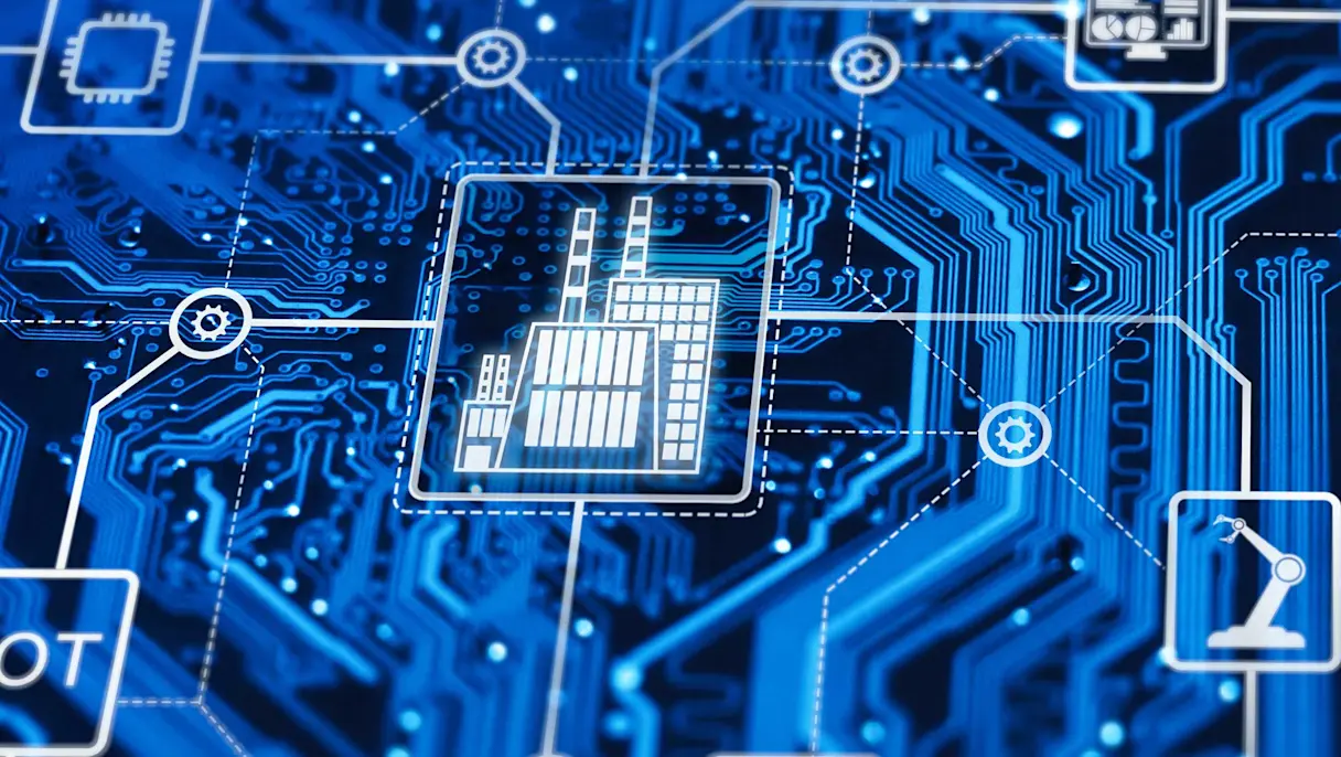 Digital circuit board with IoT and smart factory icons