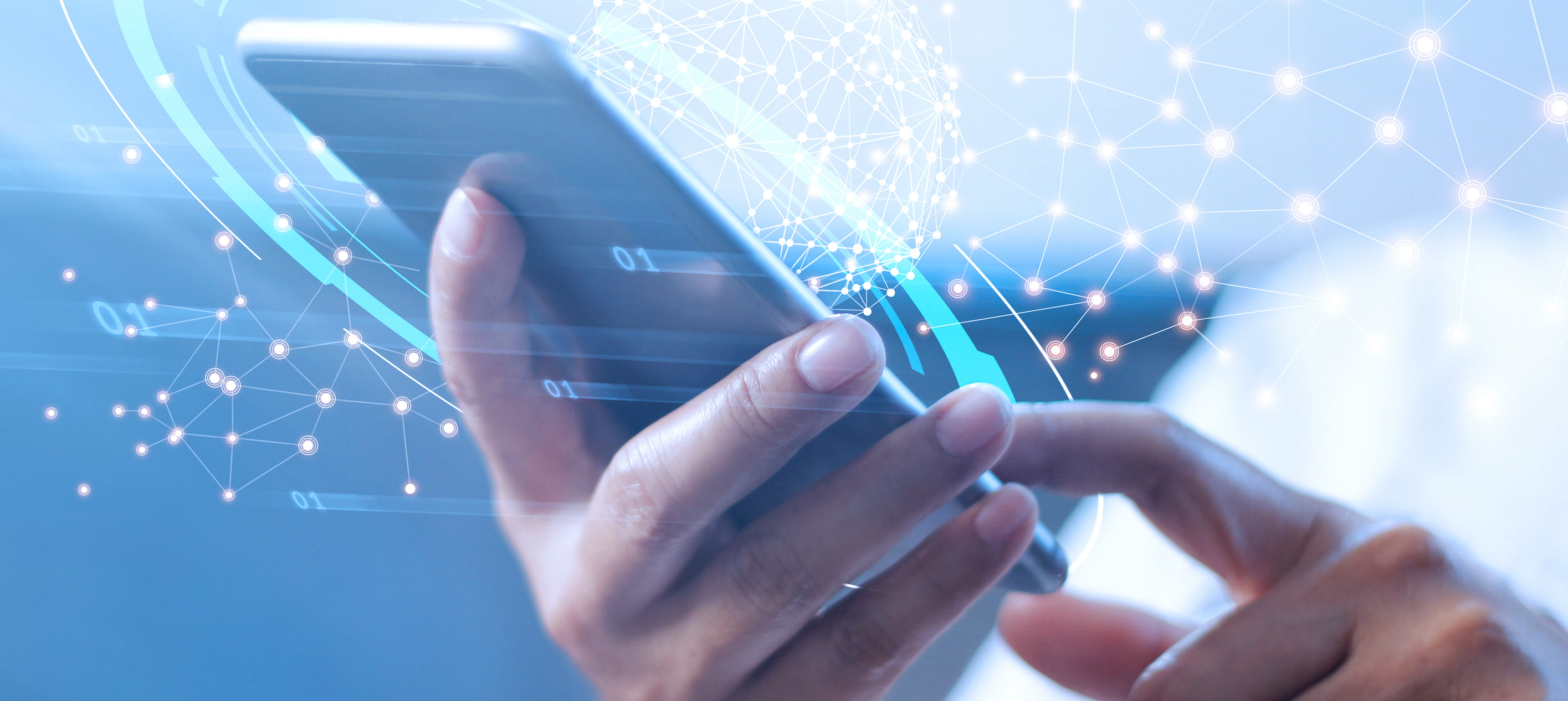 Close-up of a person using a smartphone with digital network connections and data overlays